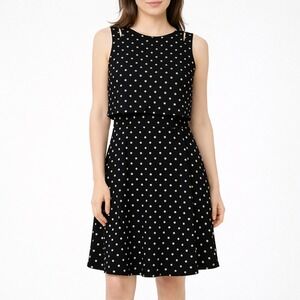 Lauren Ralph Lauren Black Polka Dot Fit & Flare Dress Layered Bodice Size 8